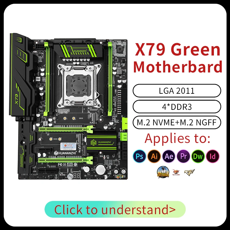 Günstig HUANANZHI X79 GRÜN 2,49 X79 Motherboard LGA2011 ATX USB 3,0 SATA3 PCI-E NVME M.2 SSD Unterstützung REG ECC Speicher Und Xeon E5
