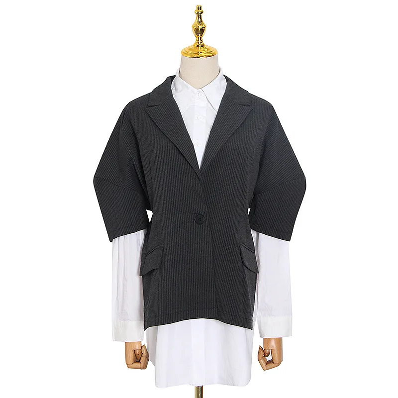 

Vogue of new fund of 2021 autumn temperament suit collar pinstripe suit type splicing bump color coat cotton shirts