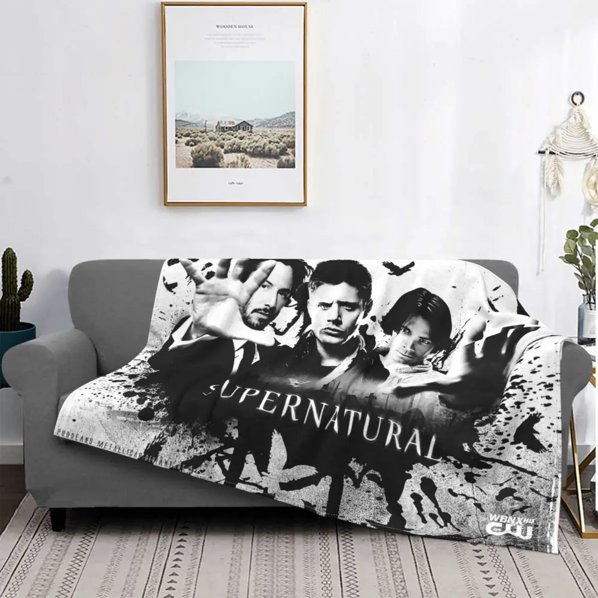 

Supernatural Horror Movie Flannel Blanket Sam Winchester Dean Winchester Castiel Funny Throw Blankets for Home Hotel Sofa