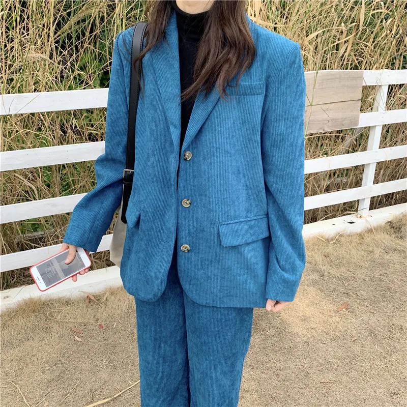 Модные элегантные деловые брючные костюмы для женщин синий вельветовый пиджак и