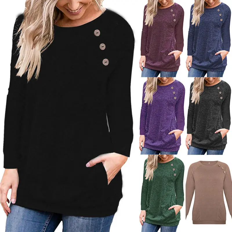 

Women Autumn Long Sleeve Round Neck Button Pullover Blouse Tops T Shirt Pocket