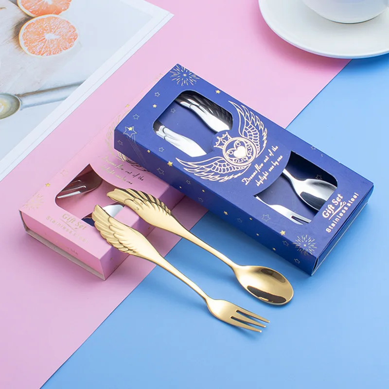 

New Creative Wings Coffee Dessert Spoon Fork Ice Cream Fruit Salad 304 Stainless Steel Mirror Polished Spoon Fork Tableware Gift