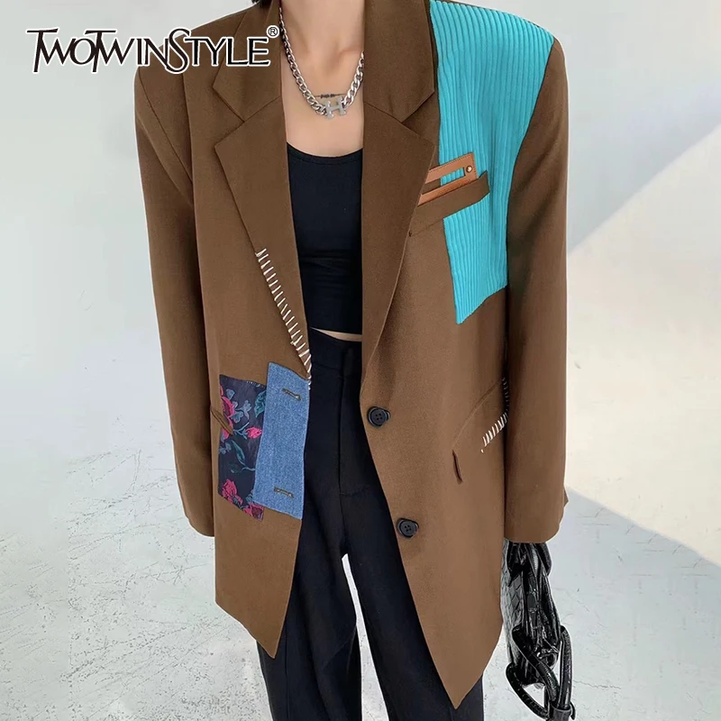 

TWOTWINSTYLE Patchwork Colorblock Asymmetrical Blazer Female Notched Long Sleeve Fashion Coat For Women Autumn Style 2021 New
