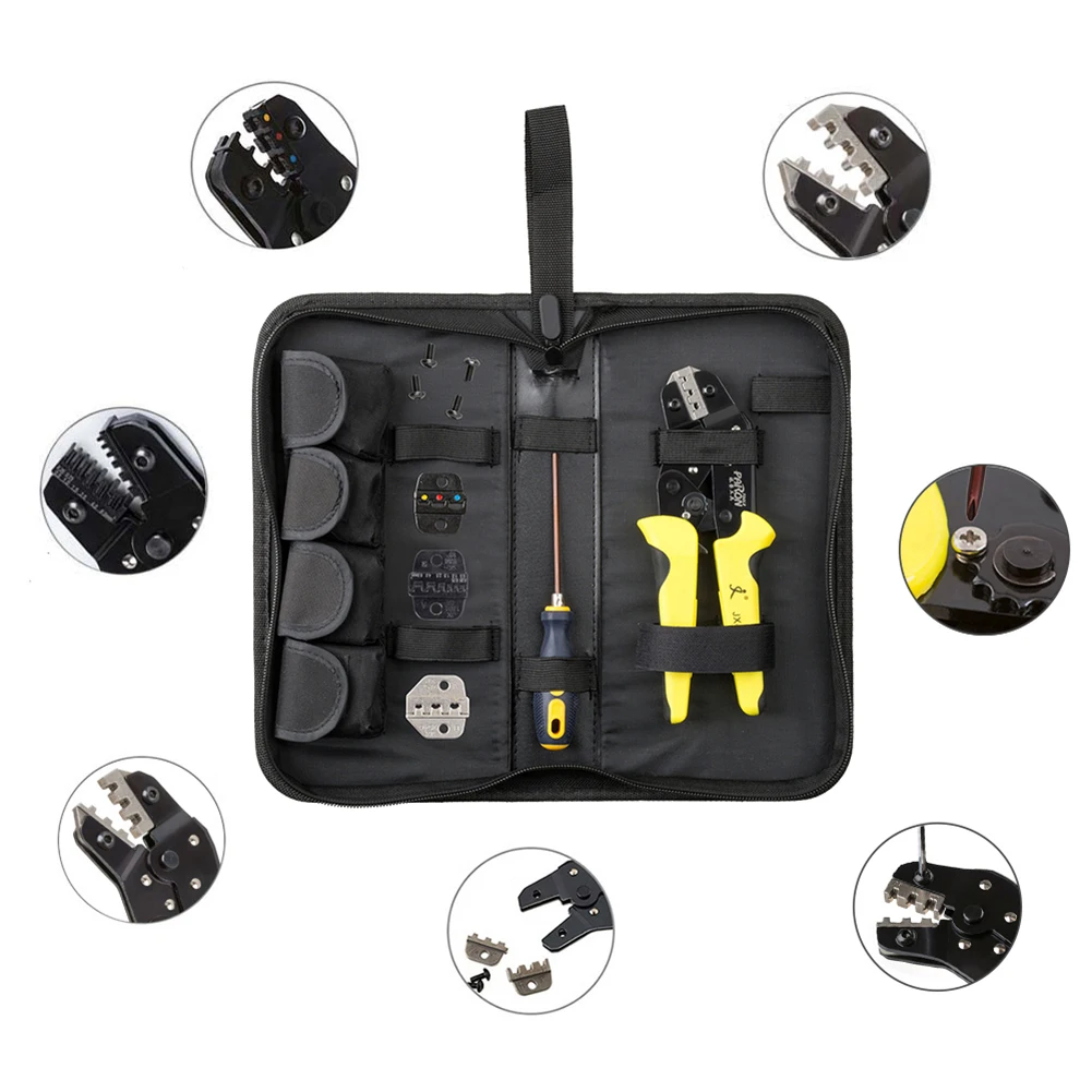 

Tool Steel Multifunctional Electrical Wire Stripper Ratchet Terminals Clamp Crimp Pliers Set with Interchangeable Dies