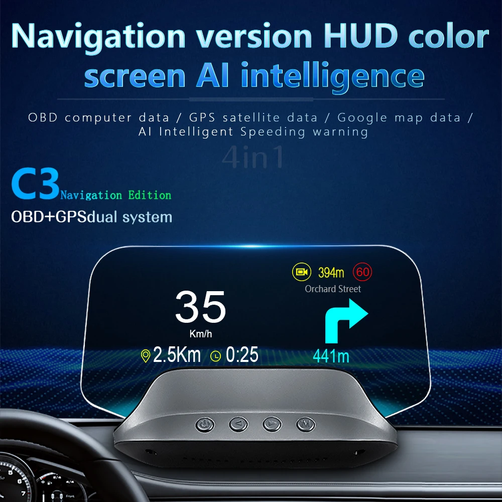 

Навигационное зеркало C3 HUD, автомобильный проектор скорости на лобовое стекло с поддержкой OBD2, HD, GPS-навигация, Bluetooth, сигнализация безопасности