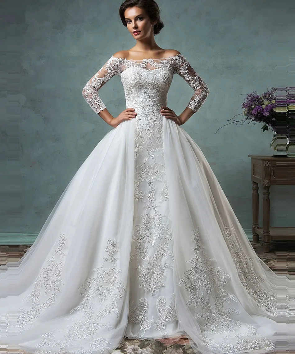 

2019 Лидер продаж Винтаж Свадебные платья с прозрачными рукавами одежда с длинным рукавом, платье с расширенным съемным подолом с аппликацие...