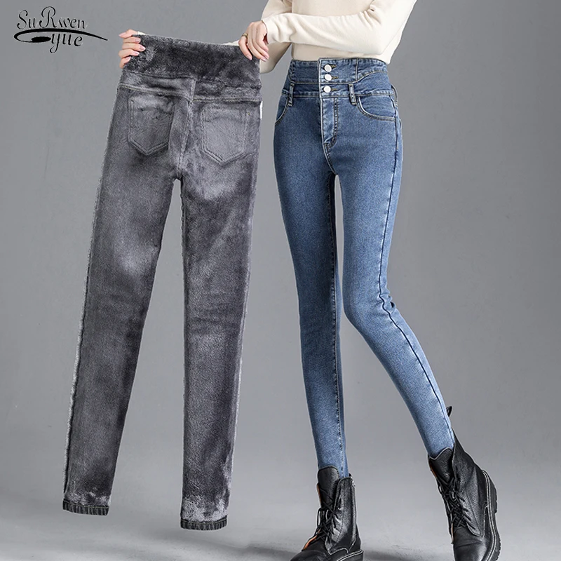 

2021 Winter Velvet High Waist Woman Jeans Denim Pencil Pants Stretch Streetwear Pants Trouser for Women Girls Pants Female 17454