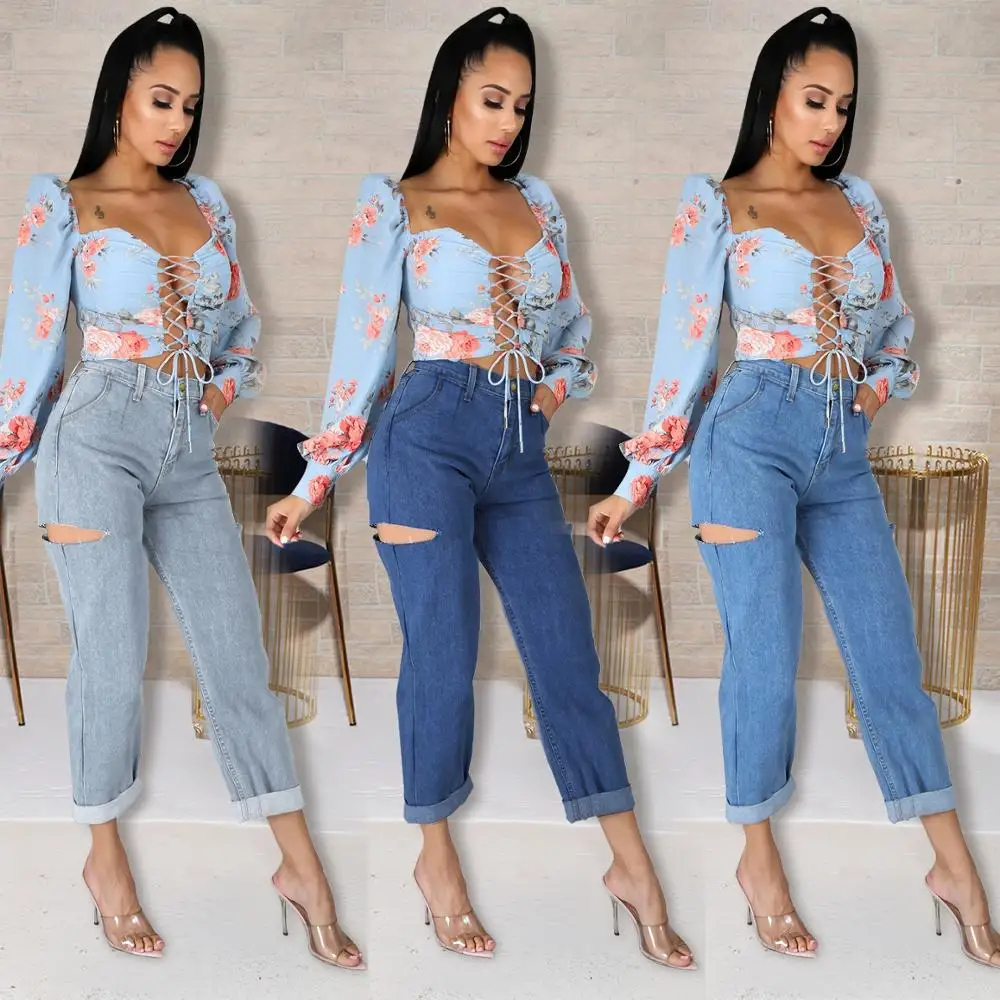

Women's cuffed jeans Hot sale jeans Women's high-waist jeans Ripped jeans loose women's jeans Fashion straight trousers