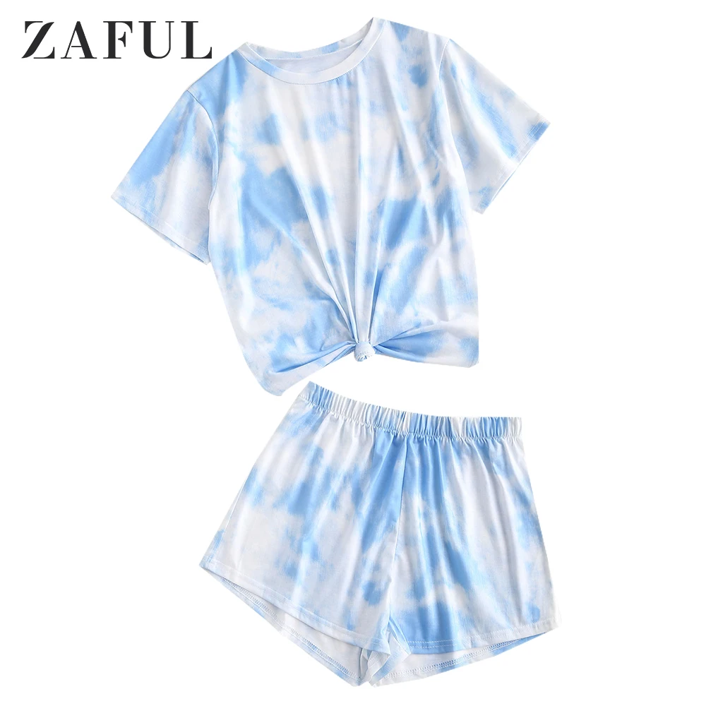 

ZAFUL Tie Dye Lounge Two Piece Set Summer Tracksuits Women O-neck Tops High Waist Shorts Casual Street Sports Outfits Suit
