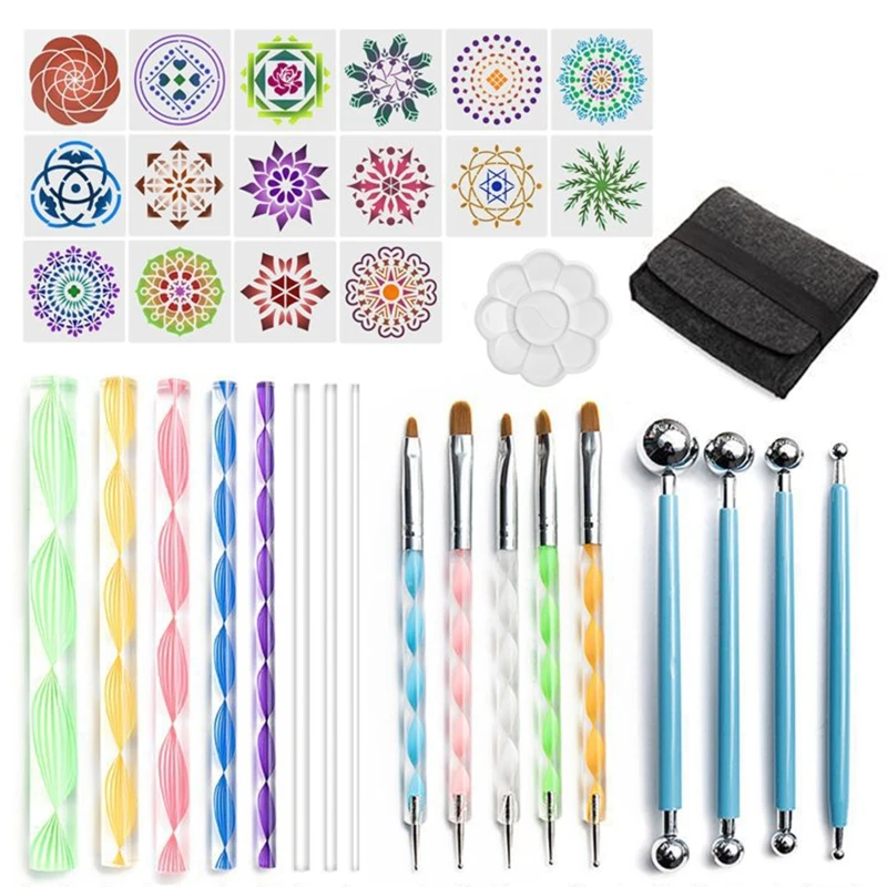 

35 шт. набор инструментов для рисования мандалы в форме ручки акриловая палочка с каменным камнем шаблон кисть для трафаретов лоток сумка дл...