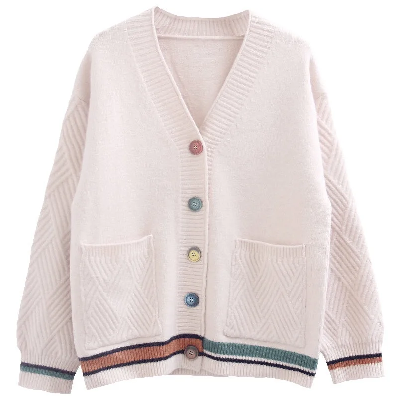 

2021 spring and autumn V-neck knitted color matching outer women's sweater jacket cardigan long-sleeved women's sweater jacket