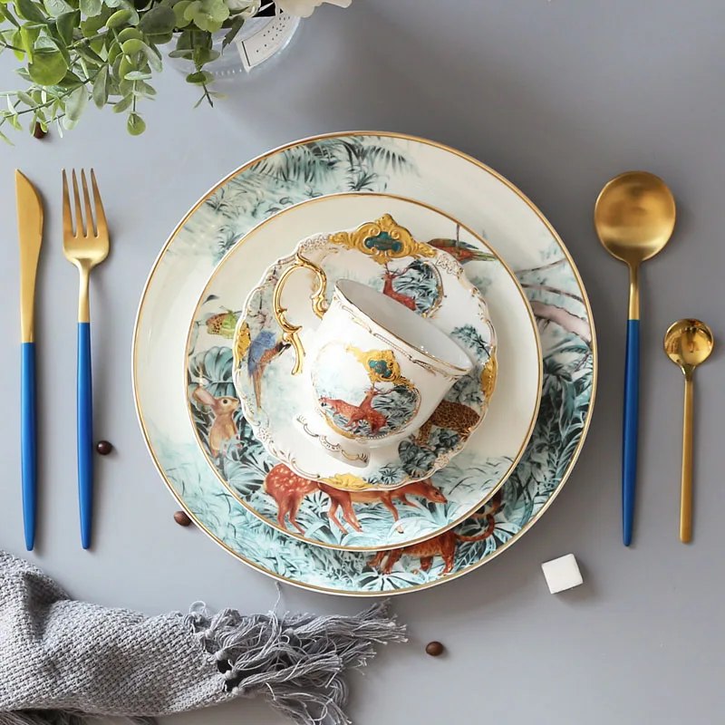 Lion Design Dish Gold Rim Main Plate Circular Ceramic Animal Forest Series Tableware Food Tray French Dishes 8/10inch | Дом и сад