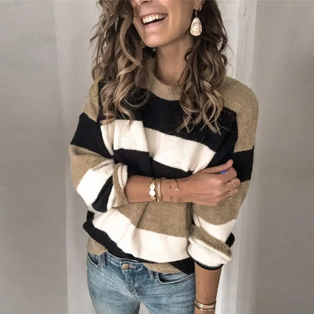 

Loose Fashion Casual Knitted Top Sweater Long Sleeve Color Block Pullover Women O Neck Women's Plus Size