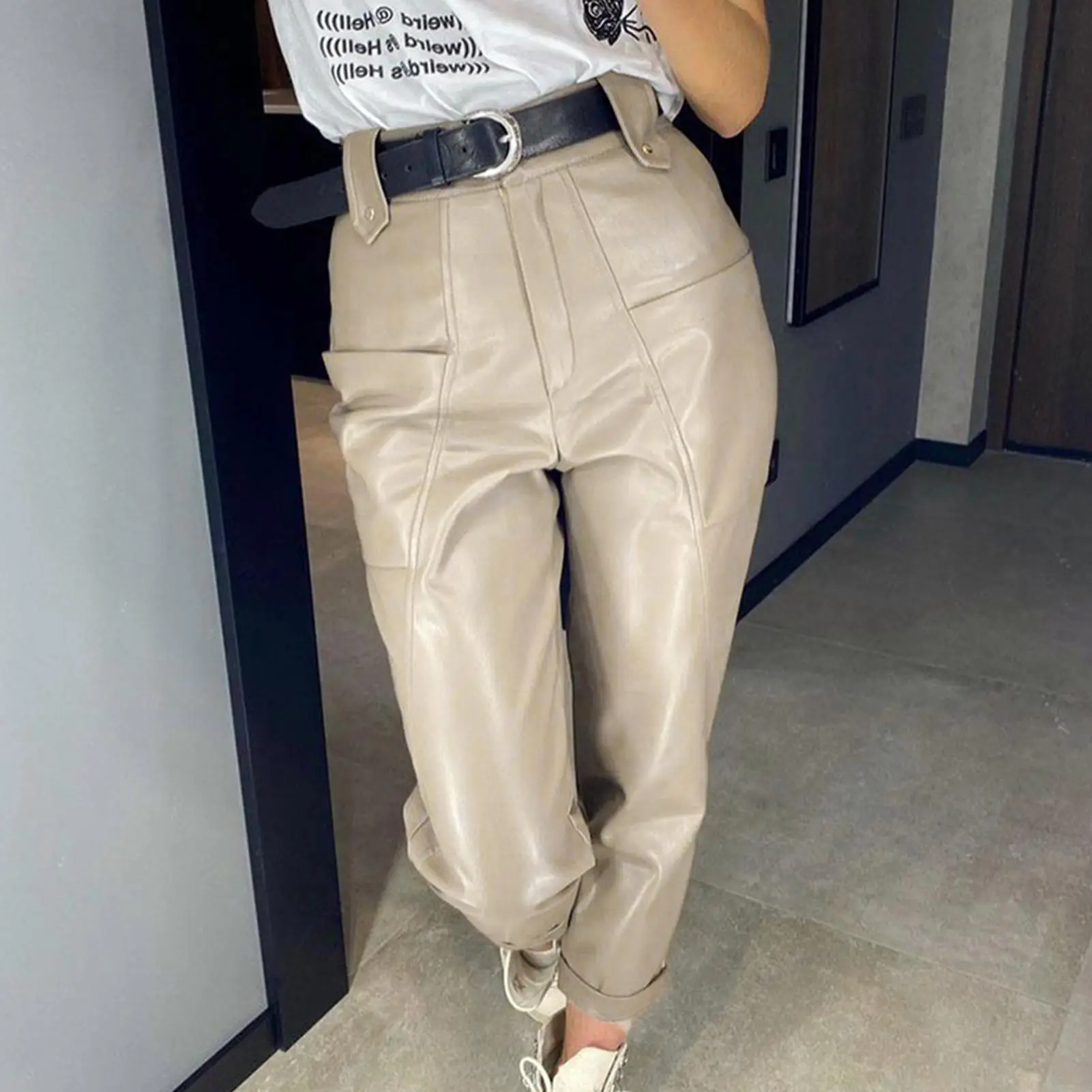 

Women Fashion High Waist Pockets Faux Leather Pencil Pants Trousers Streetwear
