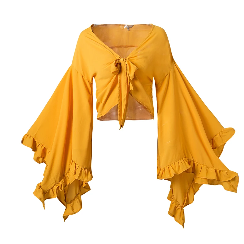 Conmoto Сексуальная летняя блузка с глубоким v-образным вырезом жёлтая в стиле бохо