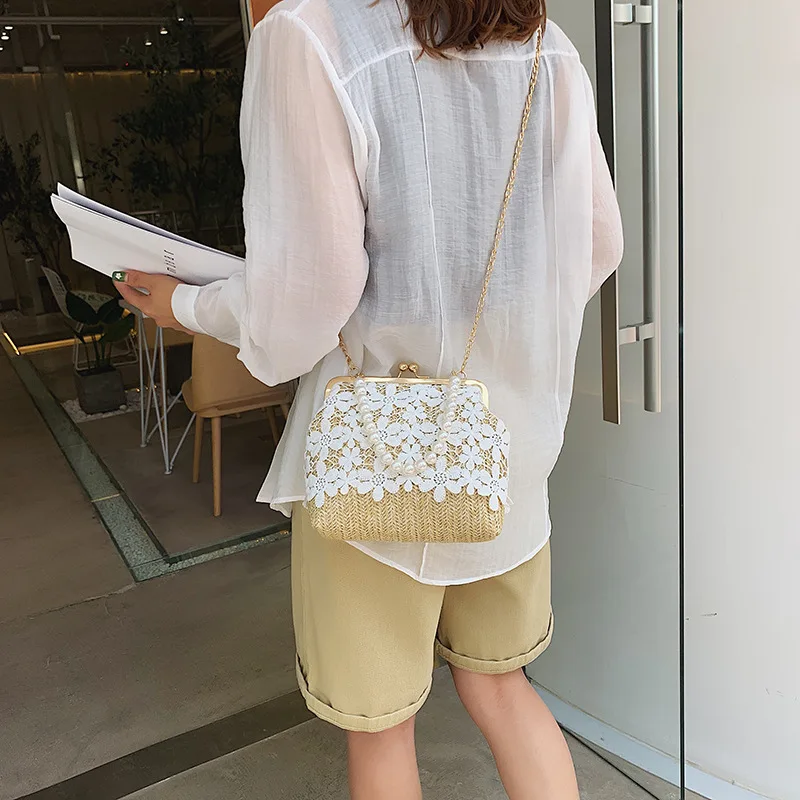 Пляжная соломенная сумка с вышивкой Модный богемный кружевной саквояж на