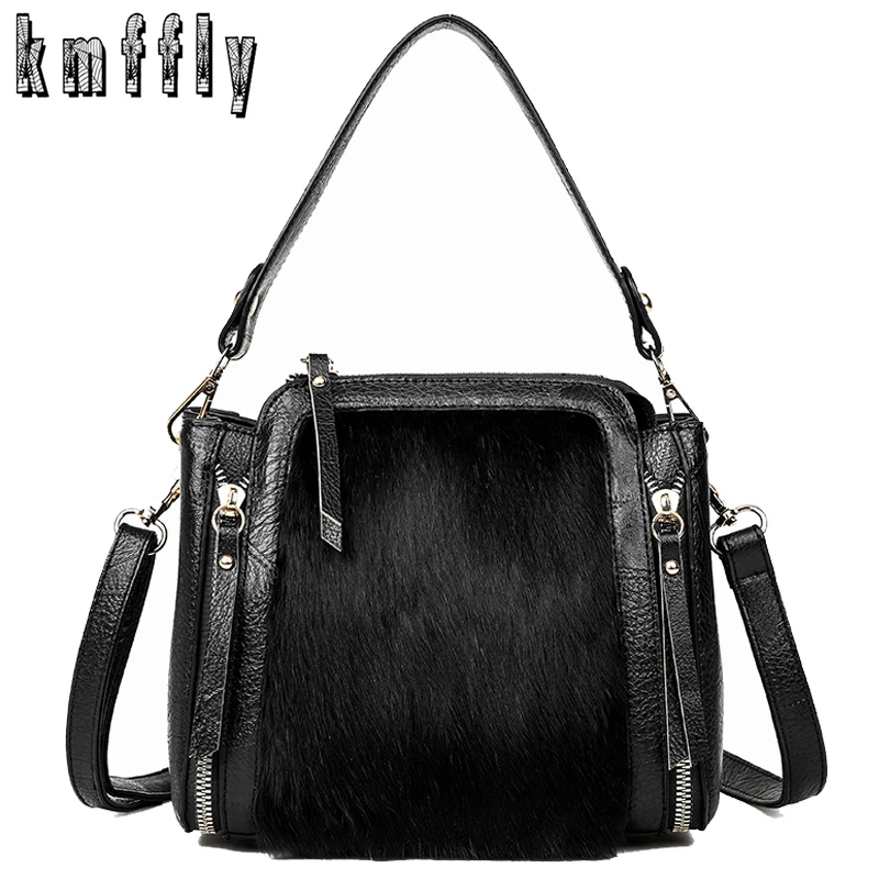 Женская сумка из натуральной кожи с кроличьим мехом женская через плечо 2019|Сумки