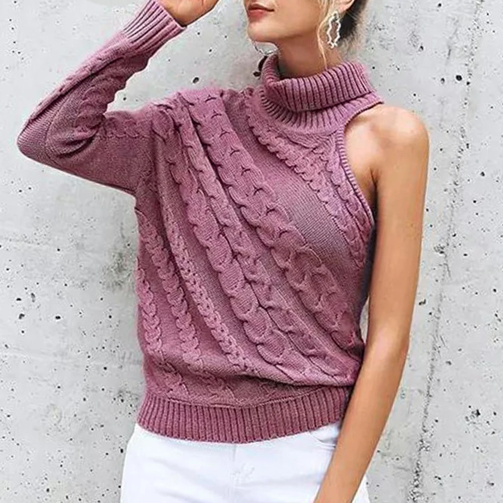 Женский вязаный свитер с открытым плечом однотонный пуловер высоким воротником