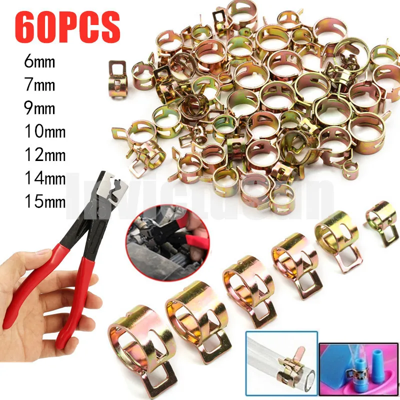 

60PCS 6-15mm Car & Truck Spring Clips Fuel Oil Water Hose Clip Pipe Tube Clamp Fastener Cooling Systems Parts Accessories +Plier