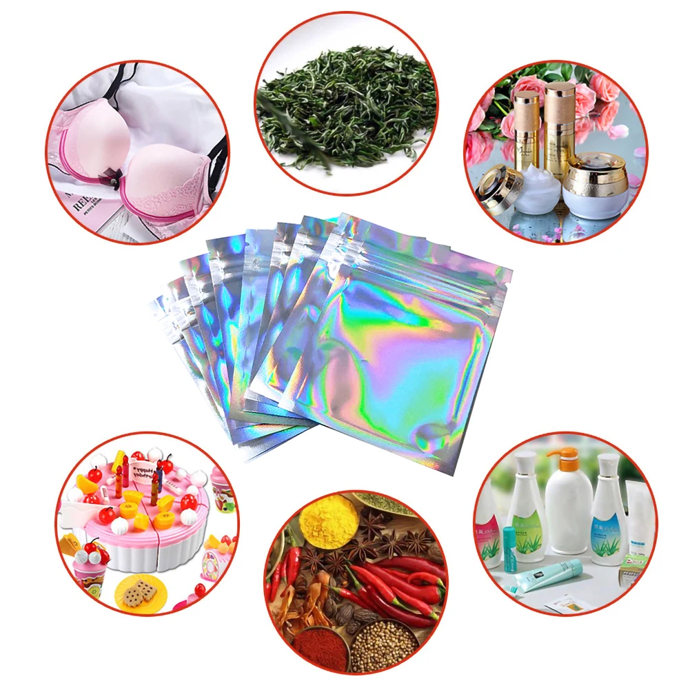 

100pcs Flat Zip Lock Bath Salt Cosmetic Bag One Side Clear Holographic Laser Mini Aluminum Foil Zip Lock Bags