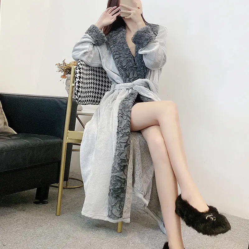 Pajamas Facecloth Robe Female Autumn and Winter Long Pajamas Coral Velvet Thickened Couple Bathrobe Sleepwear Women Nightgown