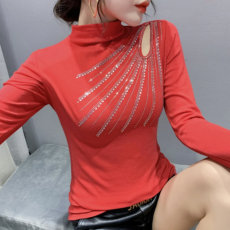 

Fall Winter Clothes Lady Cotton T-Shirt Fashion Sexy Turtleneck Hollow Out Diamonds Women Tops Long Sleeve Tees