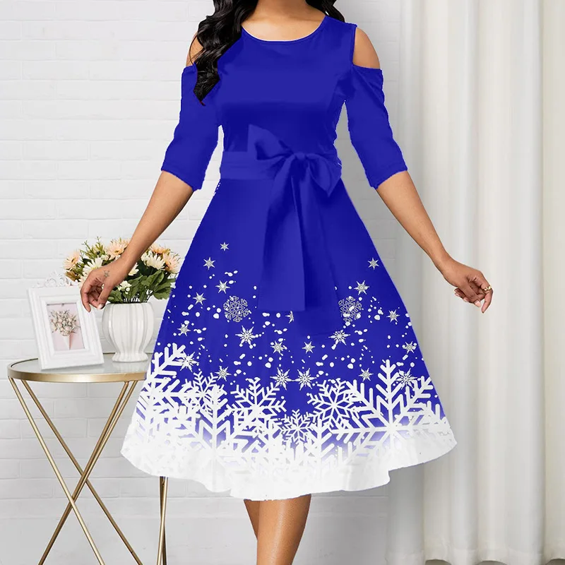 

Round Neck Off Shoulder R High Waist Large Swing Christmas Snowflake Women's Dress