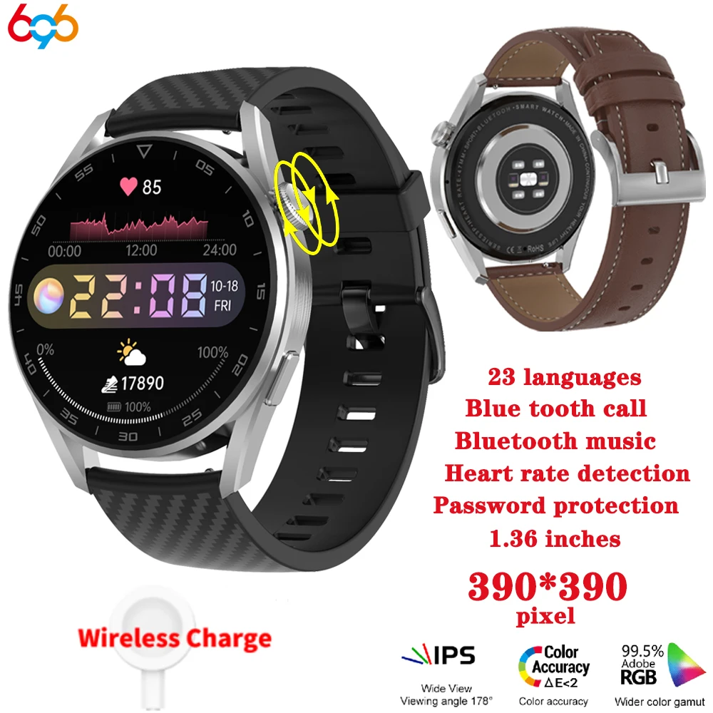 

696 Newest Men Sport Wireless Charge Smart Watch DT3 Pro 1.36 Inch 390*390 HD Heartrate Test Blue Tooth Call Music Smartwatch
