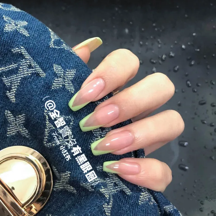 

24pcs/box French Tips Fake Nails with Glue Rhinestones Coffin Press on Nails Detachable French Stick on Nails Art Manicure Tool