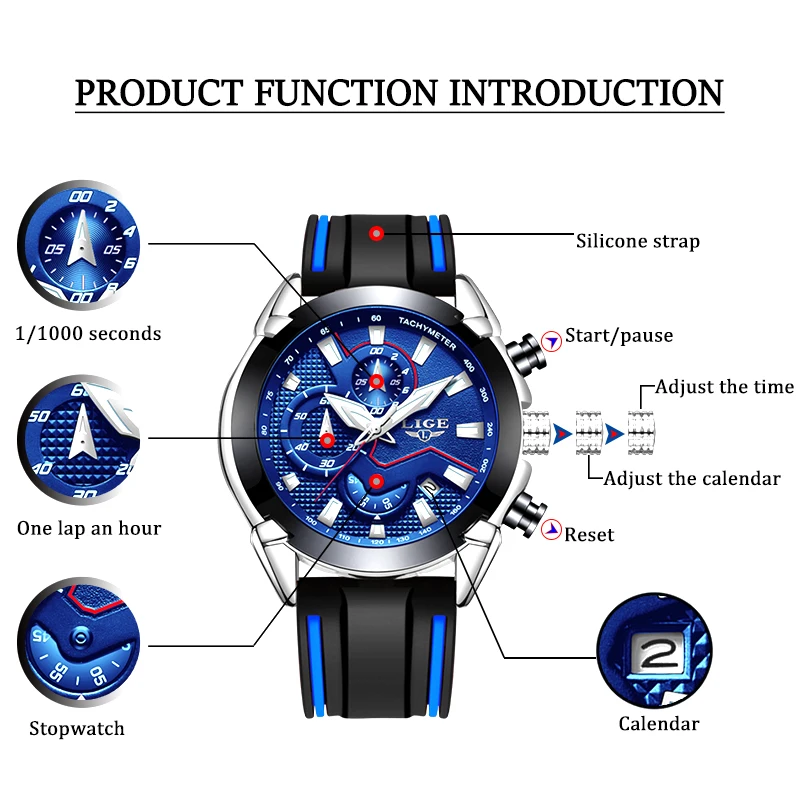 Часы наручные LIGE мужские с силиконовым ремешком брендовые Роскошные