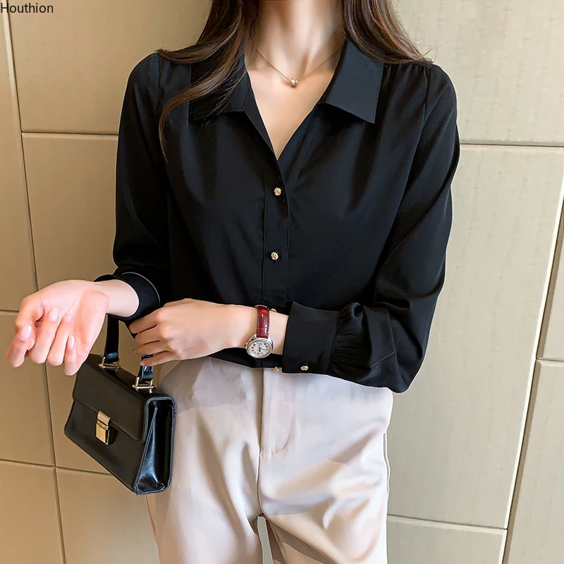 

Silk Women's Blouses Long Sleeve Top Fashion Casual Solid Shirt New Korean Full V-Neck Summer Lady Sexy Clothing Houthion