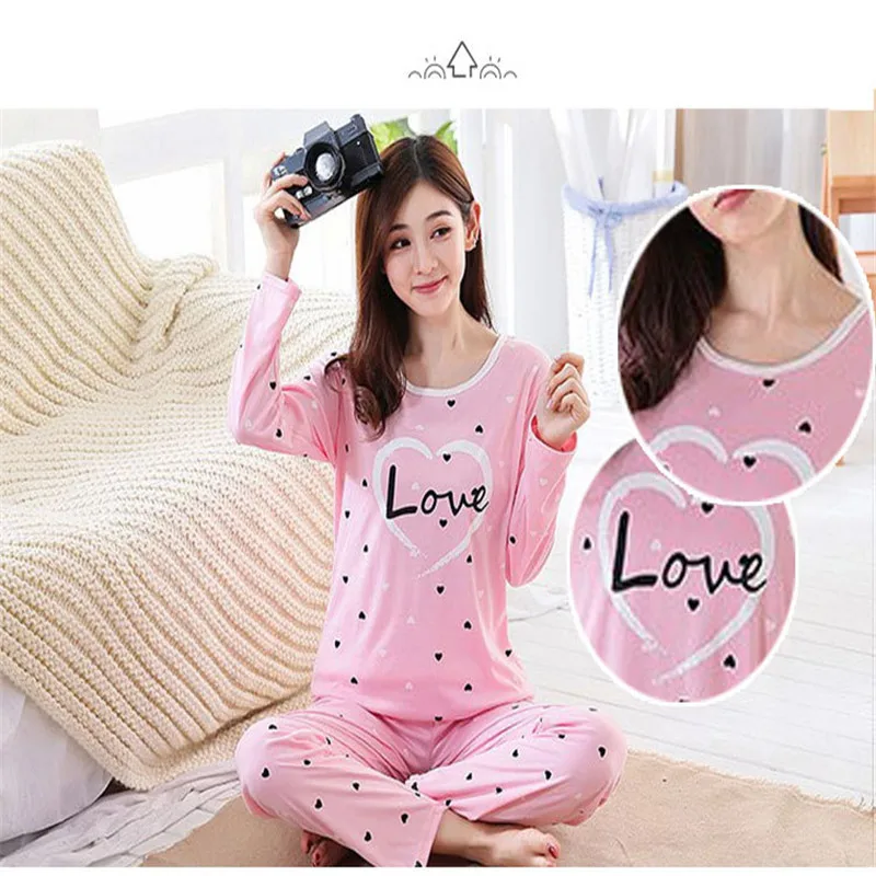 

Women Autumn Winter Pajamas Set Cartoon Printed Long-sleeved Love Heart Print O-neck Pajamas + Sleep Pants