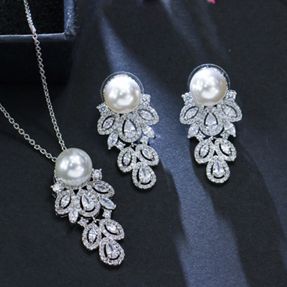 ThreeGraces, модные свадебные украшения, 925 пробы, серебро, кубический цирконий, жемчуг, CZ, серьги, ожерелье, набор для женщин, JS250