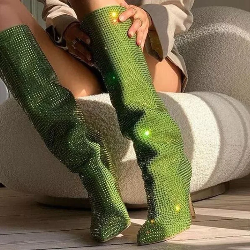

Luxury Crystal Knee High Boots Pointed Toe Stiletto Heel Rhinstone Long Boots Green Champagne Slip-on Banquet Dress Shoes