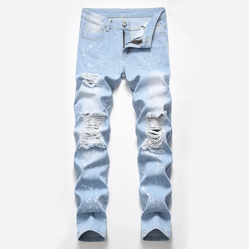 

Men Jeans Hip Hop Light Color Stretchy Holes Straight Loose Denim Pants Casual Fashion The Streets Men High Quality Trousers