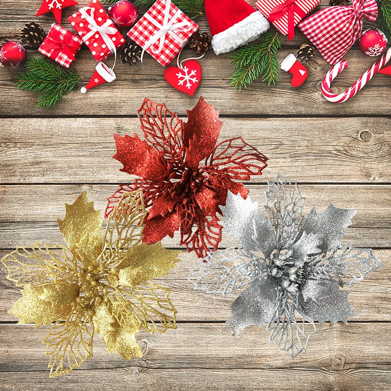 

Hollow Christmas Flowers Ornaments Solid Color Simple Hand-cutting Glitter Artificial Flowers New Year Ornaments Gift