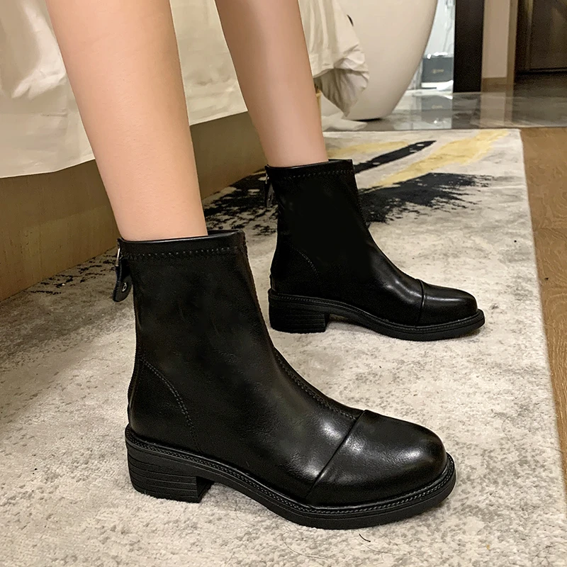 

Women's Low Heel Ankle Boots 2022 Winter Round Toe Heel Zipper Chelsea Boots High Quality Short Boots Black Beige Ankle Boots