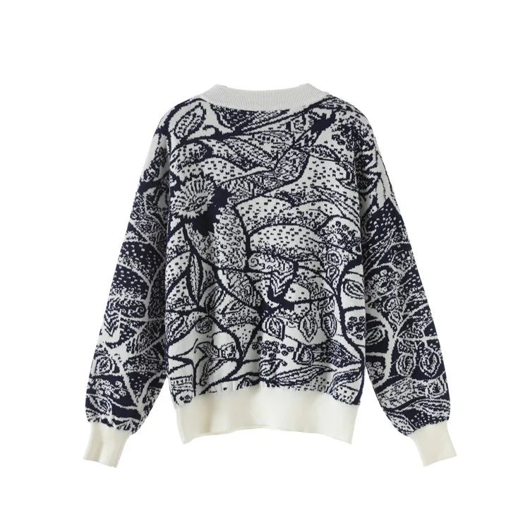 Женский жаккардовый свитер винтажный пуловер с круглым вырезом и изображением