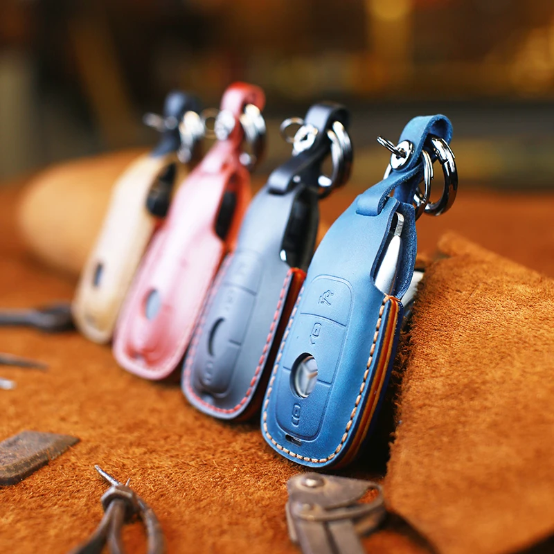 Handmade Well-made Car Key Case Suitable for Mercedes-Benz Retro Crazy Horse Leather Keychain Leather Case