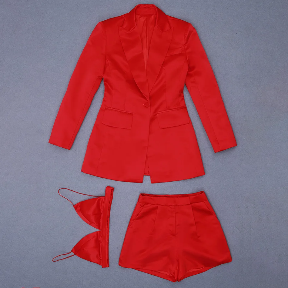 

2021 Spring Red Sexy Women Set Blazer&Vest Top&High Waist Shorts 3-Piece Suit Elegant Fashion Party Runway Female Pants Set