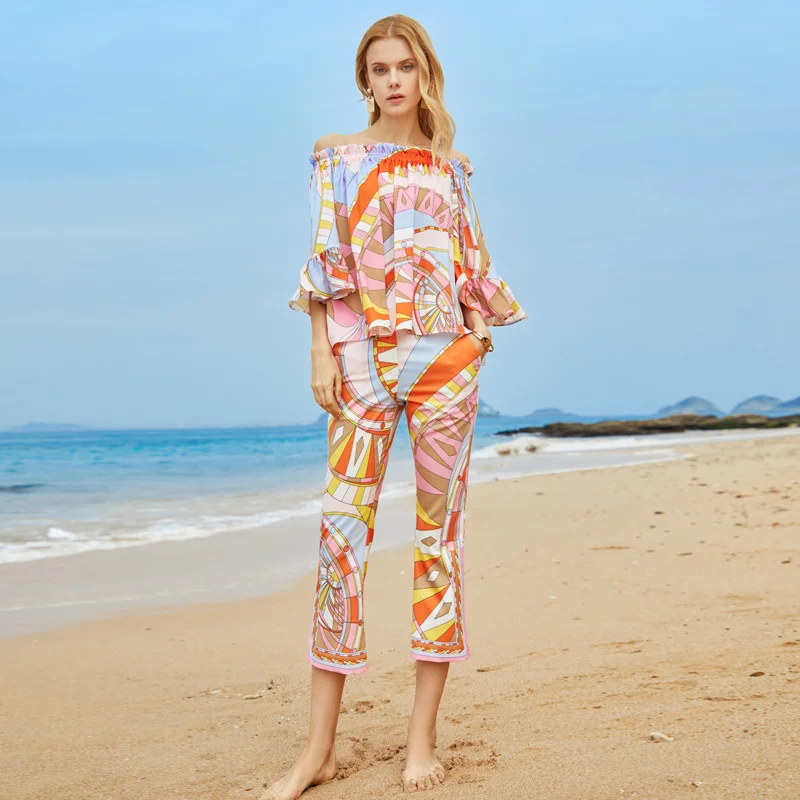 

Runway Fashion New Women'S Sets Spring Summer Elastic Band Bat Sleeve Tops + Casual Slim-Fit Pants Printed Party Two-Piece Suit