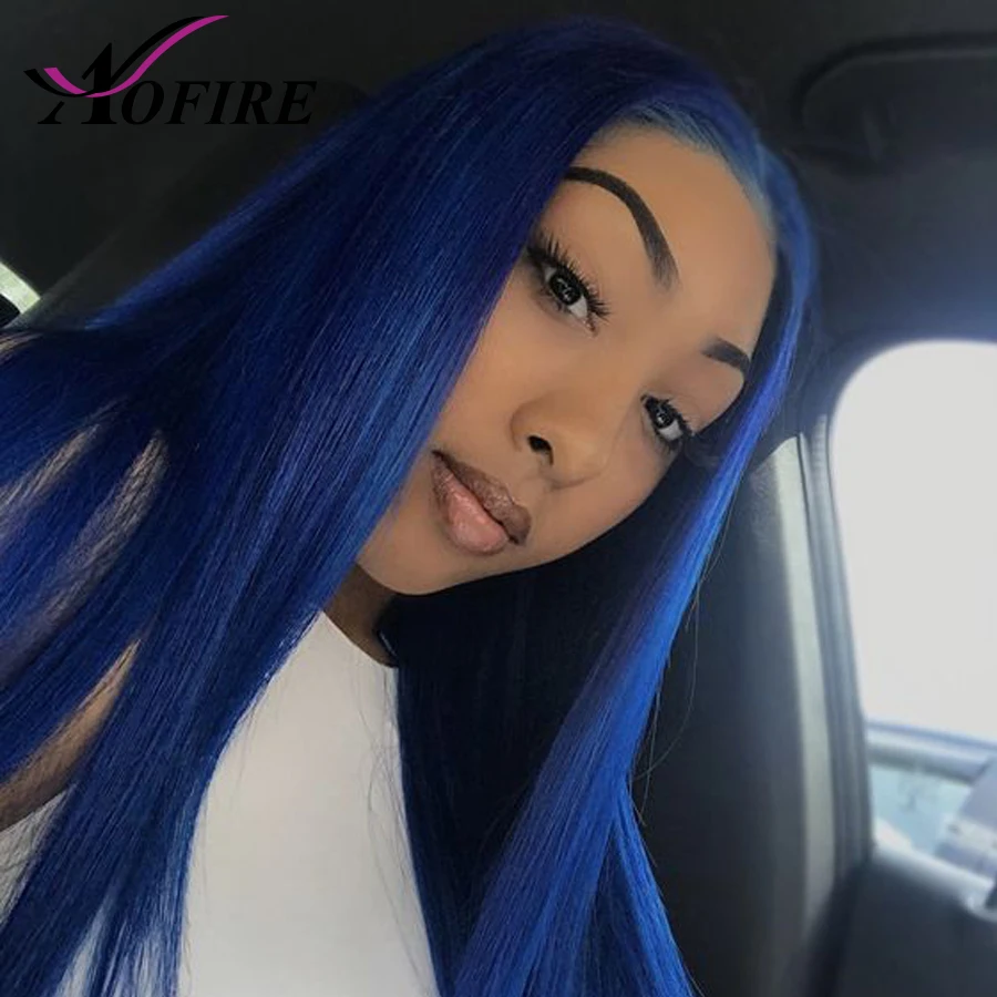 Full Lace Front Human Hair Wigs Blue Color Brazilian Remy Straight Wig Free Part For Black Women Pre Plucked 130% Density Aofire | Шиньоны и