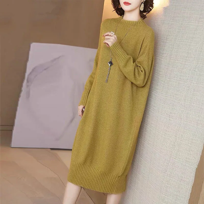

2021 New Knitted Autumn Women Sweater Dress Loose Style O-Neck Long Sleeve Women Pullovers Long Dress Dress Pull Femme Y467