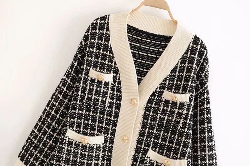

2020 Vintage V-NECK Black Plaid Knitted Sweater Fashion Slim Long sleeve pocket Cardigan Sweater Casual Loose Red Chic Tops