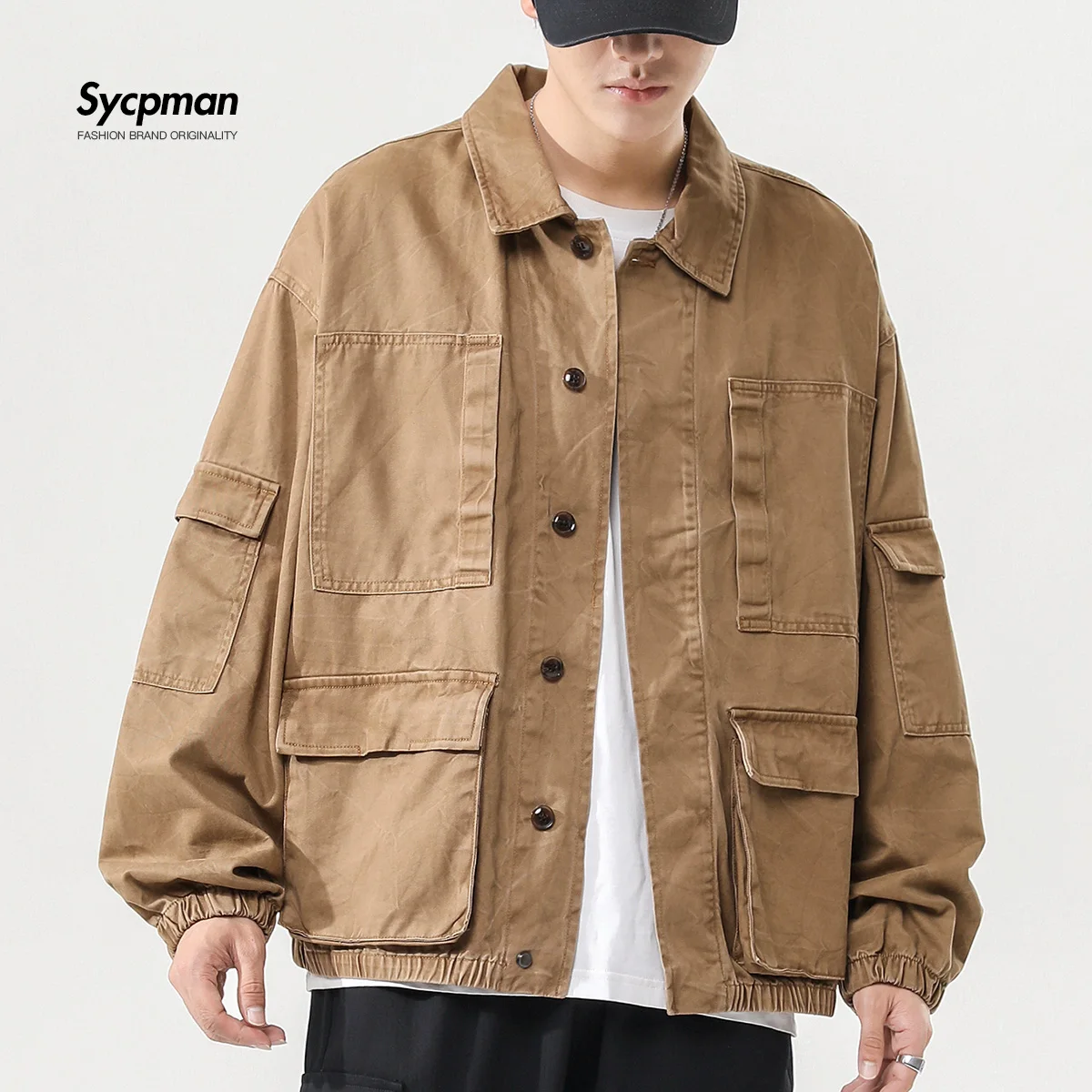 

Khaki Work Jacket Men Coat Simple Black Coat Single Layer Outside Wear Spring Autumn Thin Multi Pocket Loose Streetwear Fashion