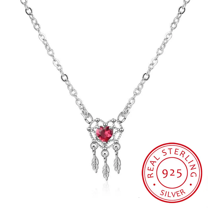 

LVC122 Sweet Red Love Heart 925 Sterling Silver Dream Catcher Necklace For Women Short Clavicle Chain