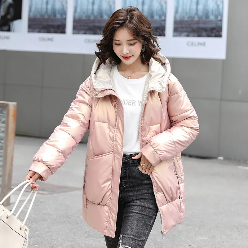 

2021 Winter Women 's Down Jacket Shiny Cotton Coat New Korean Style Mid-length Down Jacket Slim Quilted Coat Coat Trendy
