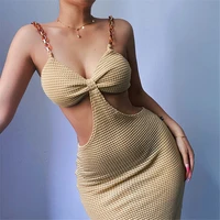 chain straps beach long dress summer sexy cut out bodycon dress women knitted backless maxi party elegant dress robe femme