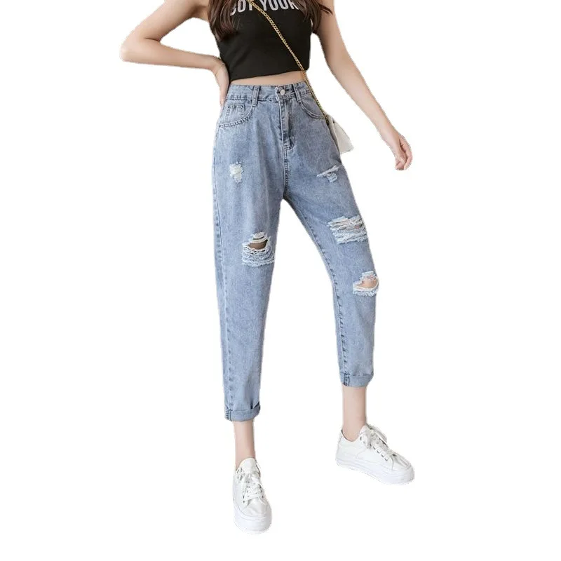 CGC 2022 Trend High Waist Jeans Woman Straight Oversize Denim Pants Korean Fashion Hole Baggy Jeans Female Streetwear Capri Pant images - 6