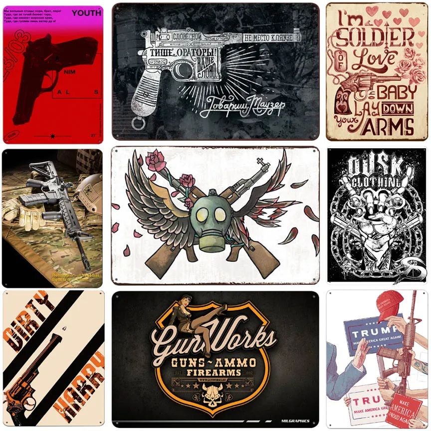 

Gun tin sign vintage metal plate retro iron painting wall decoration